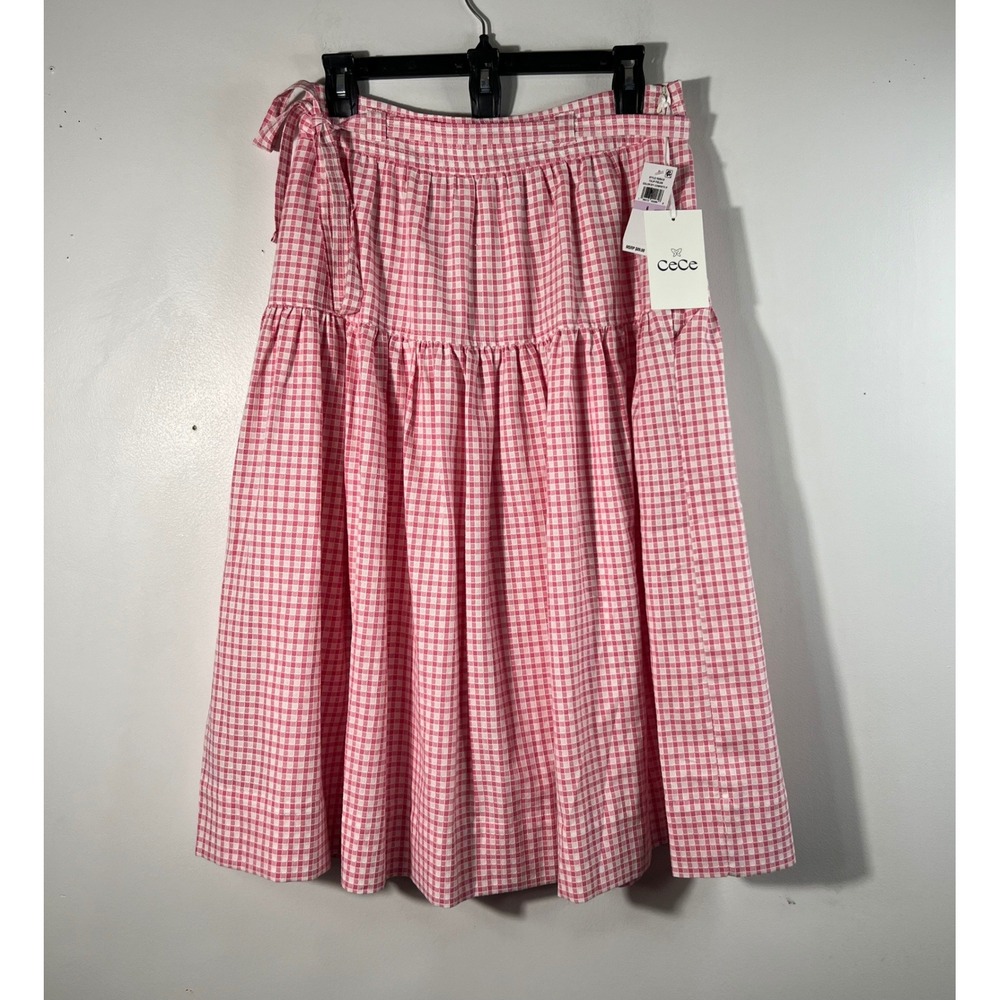Cece Tulip Fields Gingham Confetti Pink White Midi Skirt Lined NWT 6 Side Zip - Picture 1 of 11